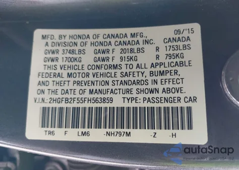 2015 Honda Civic Lx из США, поврежденный, VIN 2HGFB2F55FH563859